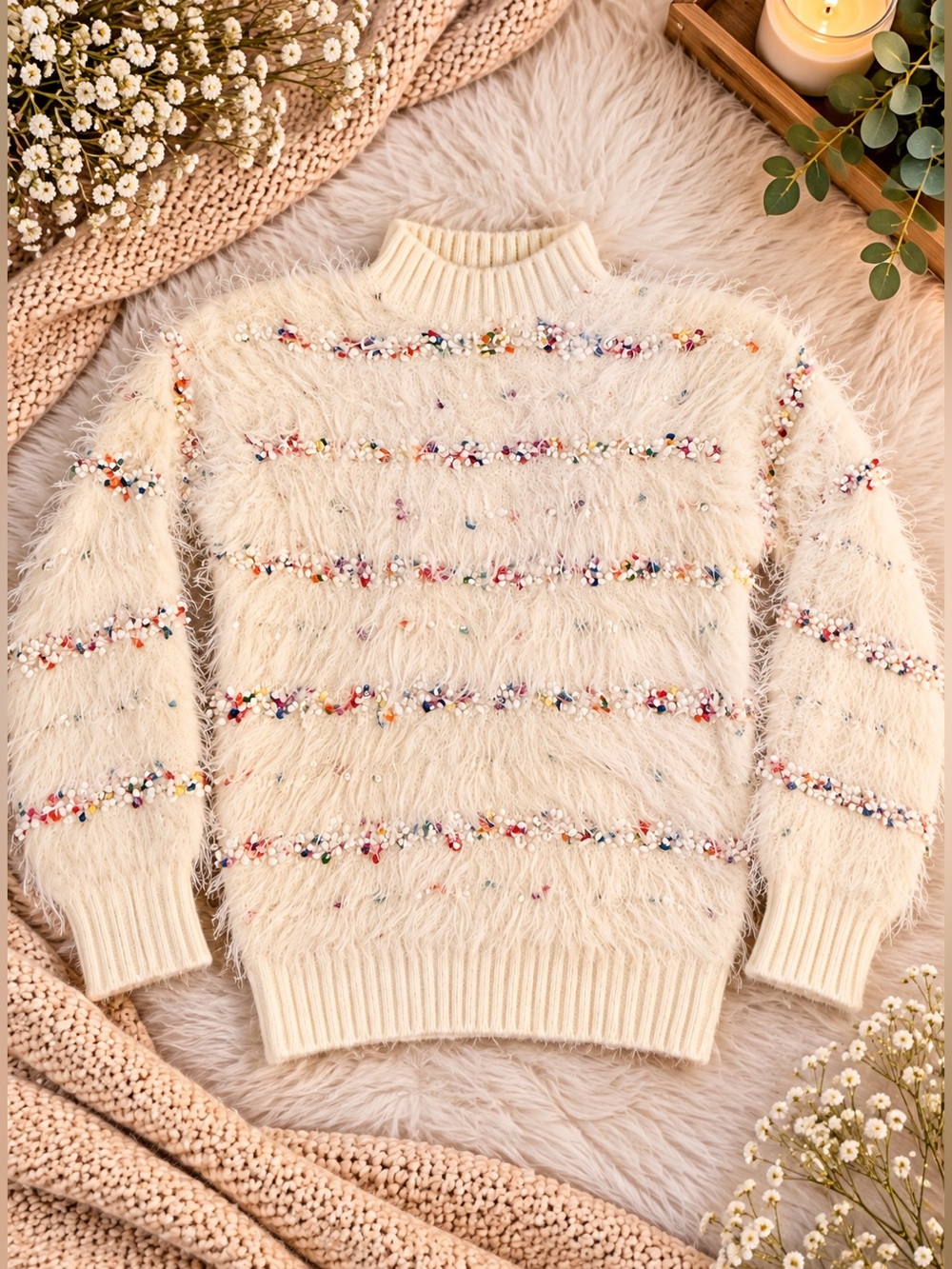 Cream Fuzzy Bead-Embellished Turtleneck Sweater
